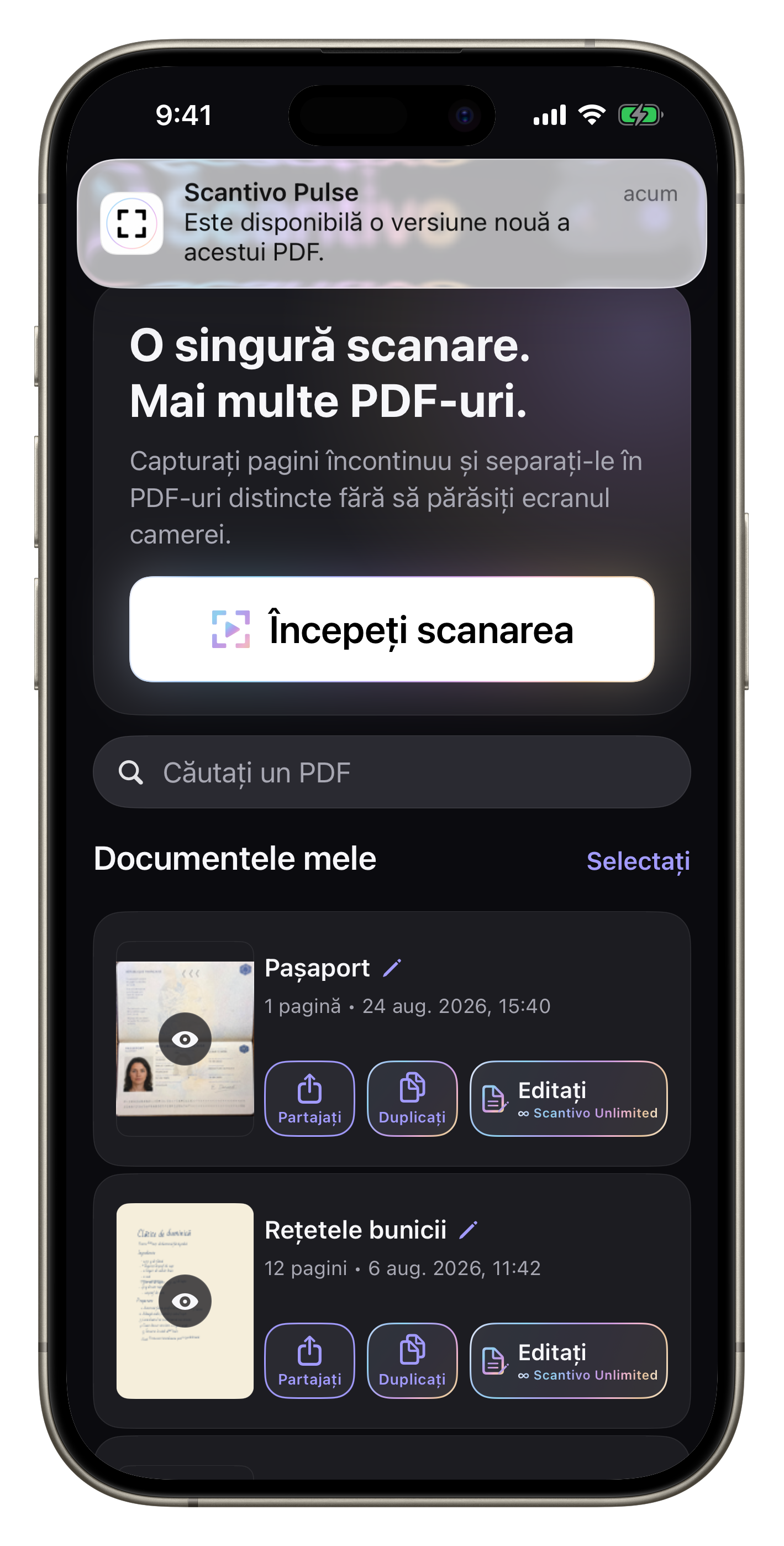 Ecran complet Scantivo cu o notificare de sistem Scantivo Pulse