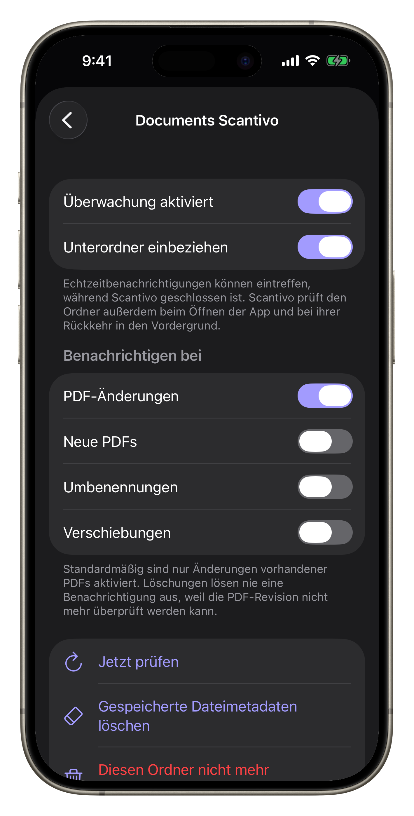 Vollständiger Scantivo-Bildschirm mit den Überwachungseinstellungen eines Scantivo-Pulse-Ordners