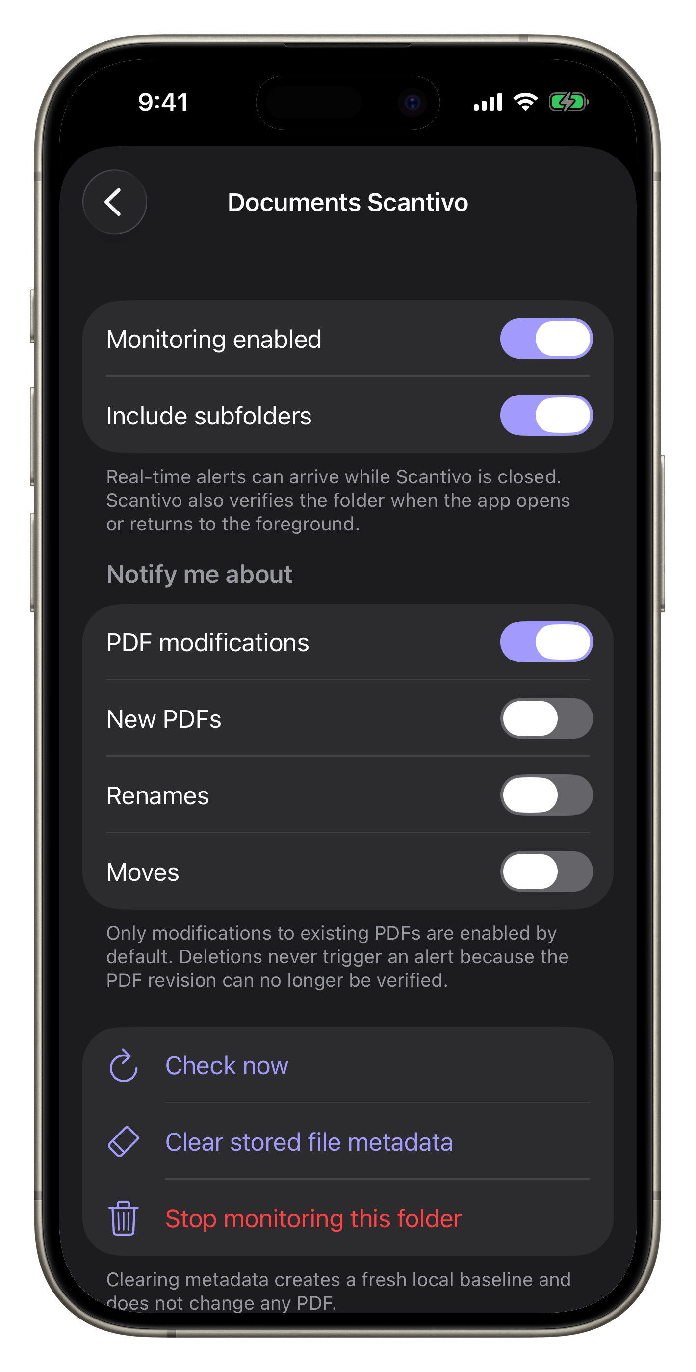 Full Scantivo screen showing monitoring settings for a Scantivo Pulse folder