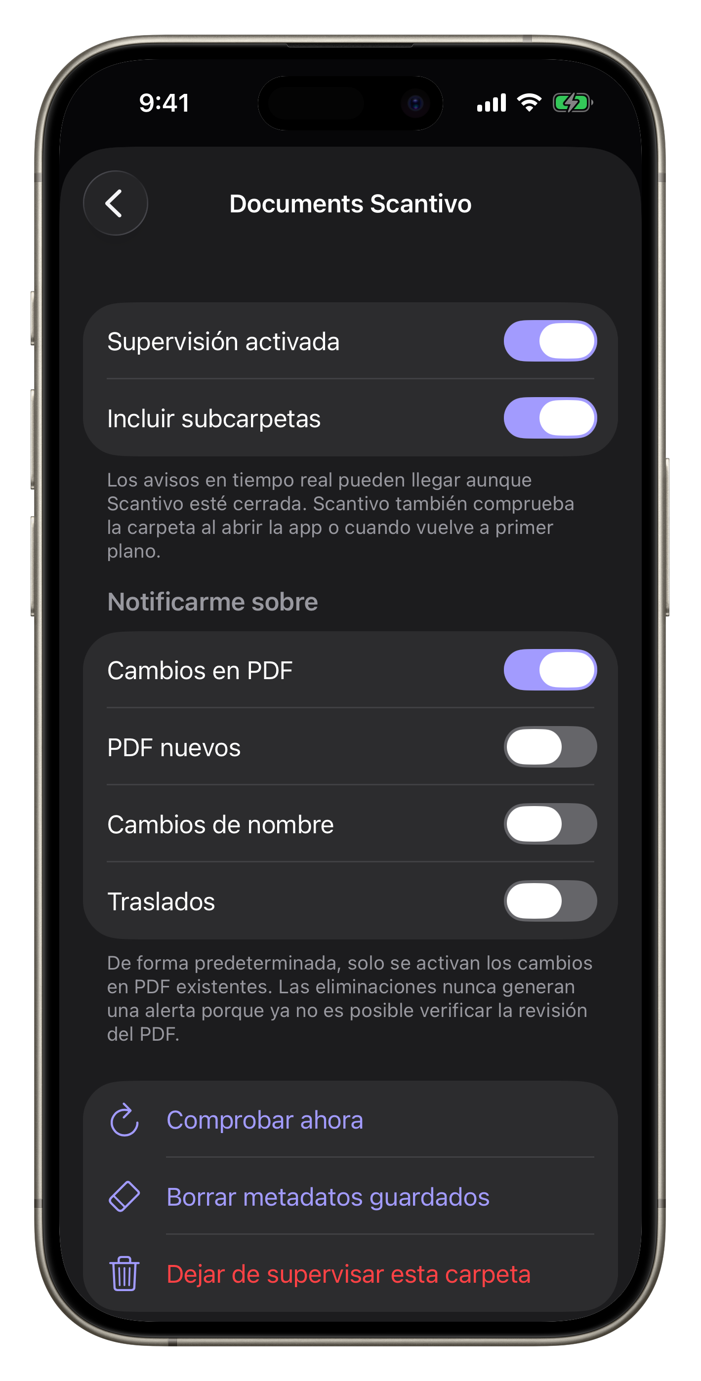Pantalla completa de Scantivo con los ajustes de vigilancia de una carpeta de Scantivo Pulse
