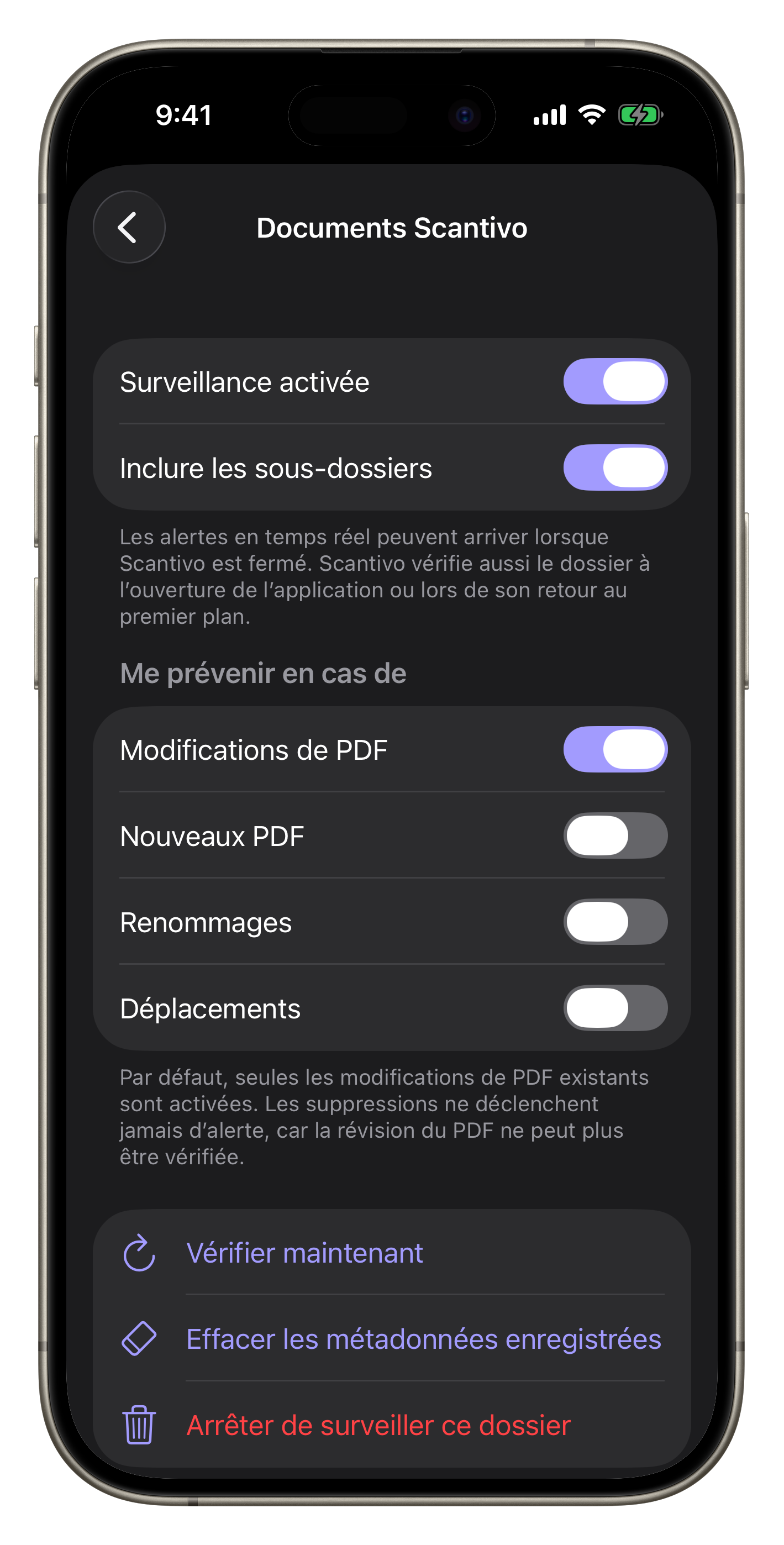 Écran complet des réglages de surveillance d’un dossier Scantivo Pulse