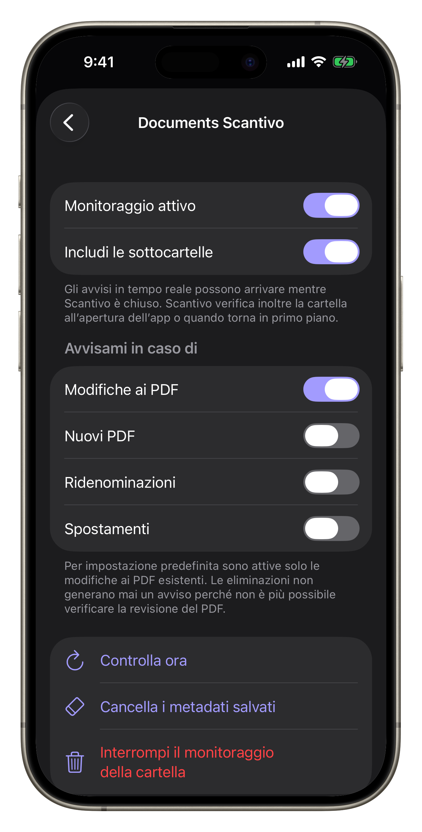 Schermata completa di Scantivo con le impostazioni di monitoraggio di una cartella Scantivo Pulse