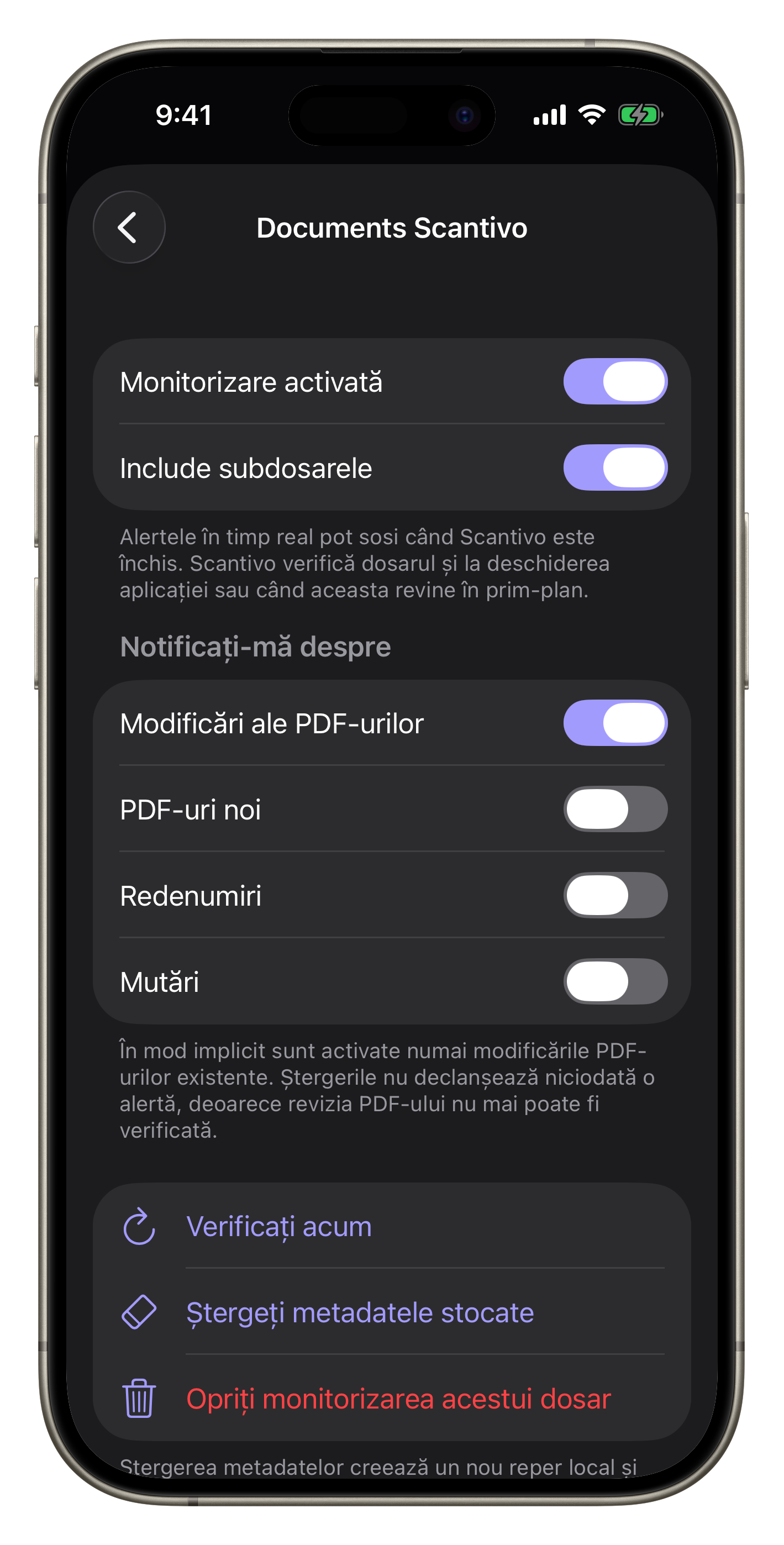 Ecran complet Scantivo cu setările de monitorizare ale unui dosar Scantivo Pulse